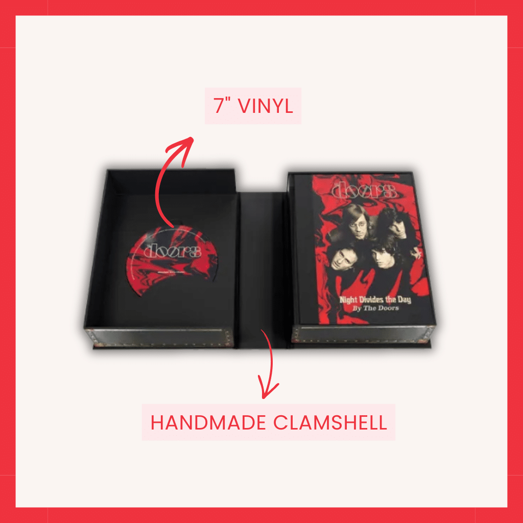 7 Handmade clamshell box with 7-inch vinyl die-cut compartment and ribbon lift — music book printing by Imago Group