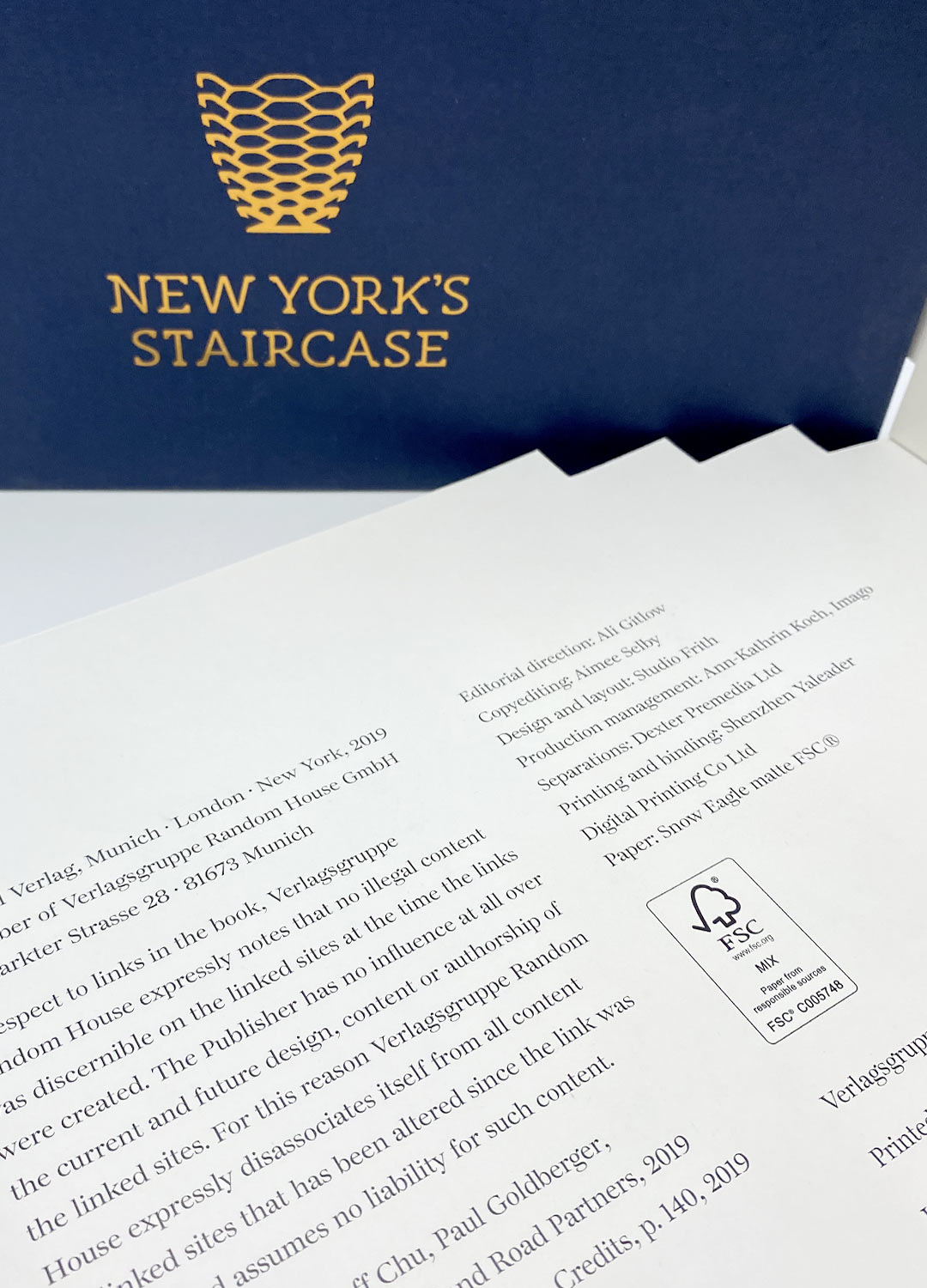 Imago FSC certified paper mark on new york staircase book