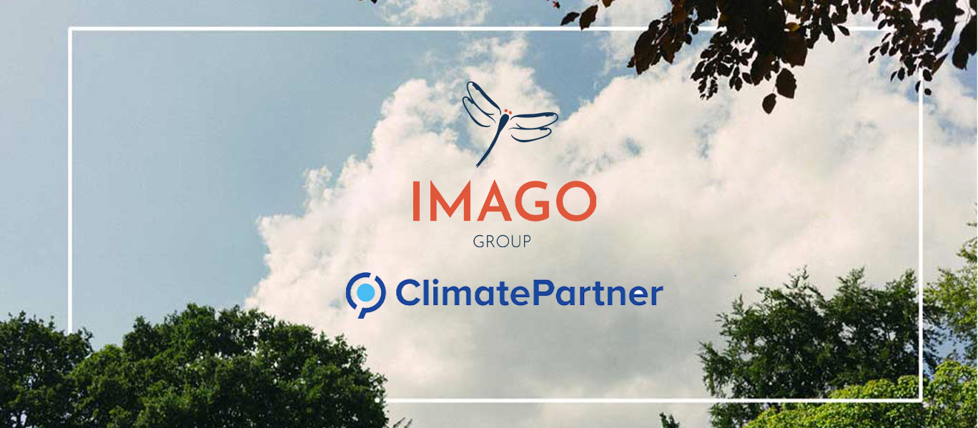 imago group logo and climatepartner logo over cloudy blue sky with trees