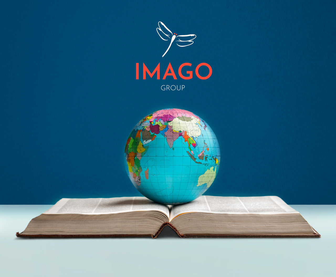 imago logo with globe and book open